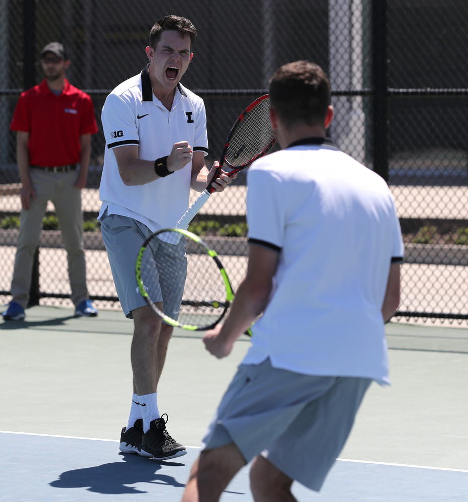 IowaÕs Kareem Allaf and Jonas Larsen play a doubles match against the Michigan Wolverines Sunday, April 21, 2019 at the Hawkeye Tennis and Recreation Complex. (Brian Ray/hawkeyesports.com)