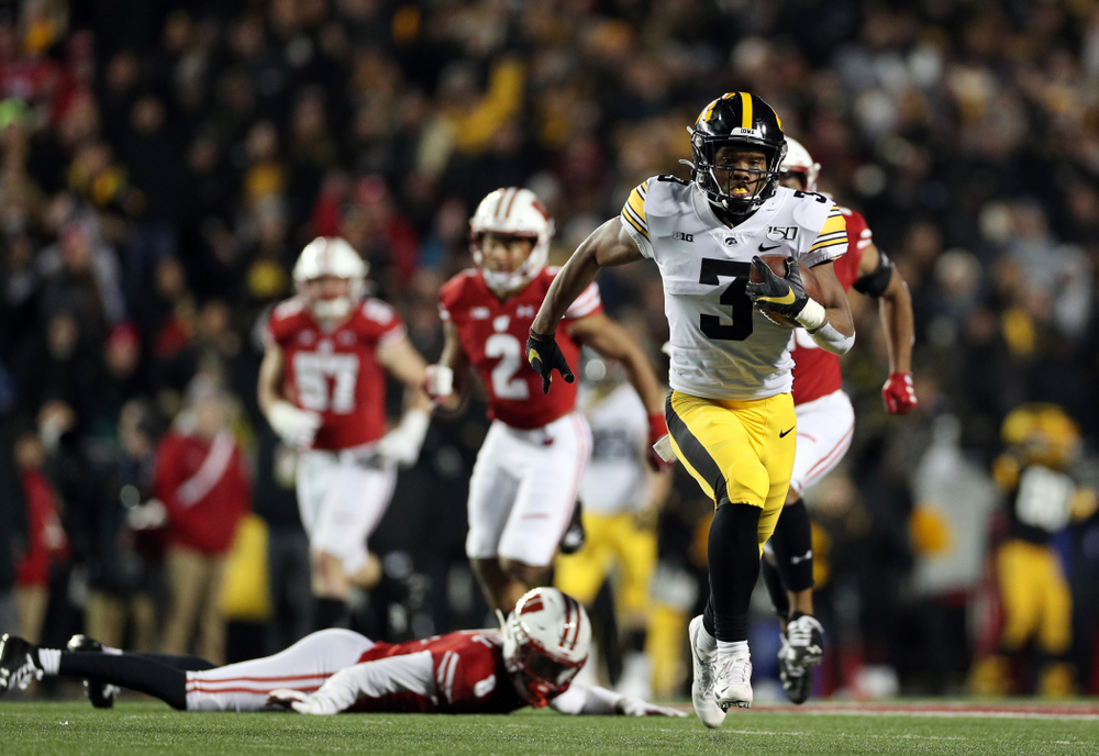 Iowa Hawkeyes wide receiver Tyrone Tracy Jr. (3) scores against the Wisconsin Badgers Saturday, November 9, 2019 at Camp Randall Stadium in Madison, Wisc. (Brian Ray/hawkeyesports.com)