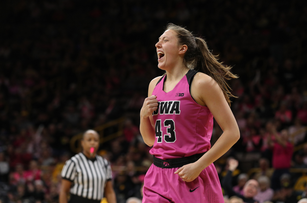 Iowa Hawkeyes forward Amanda Ollinger (43) against the seventh ranked Maryland Terrapins Sunday, February 17, 2019 at Carver-Hawkeye Arena. (Brian Ray/hawkeyesports.com)
