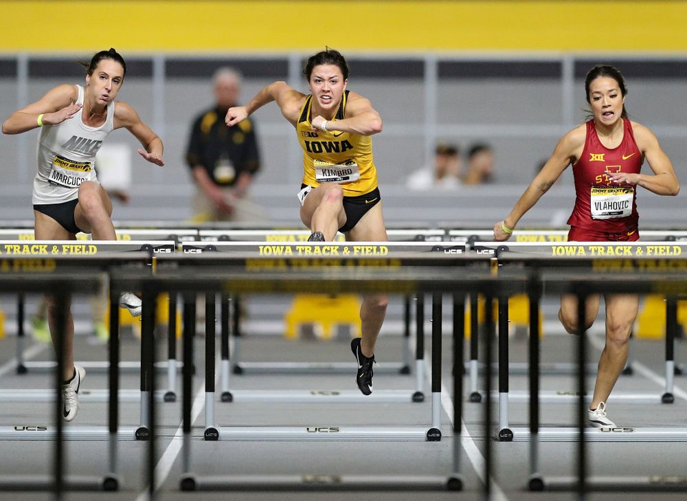 Iowa’s Jenny Kimbro runs the women’s 60 meter hurdles event during the Jimmy Grant Invitational at the Recreation Building in Iowa City on Saturday, December 14, 2019. (Stephen Mally/hawkeyesports.com)