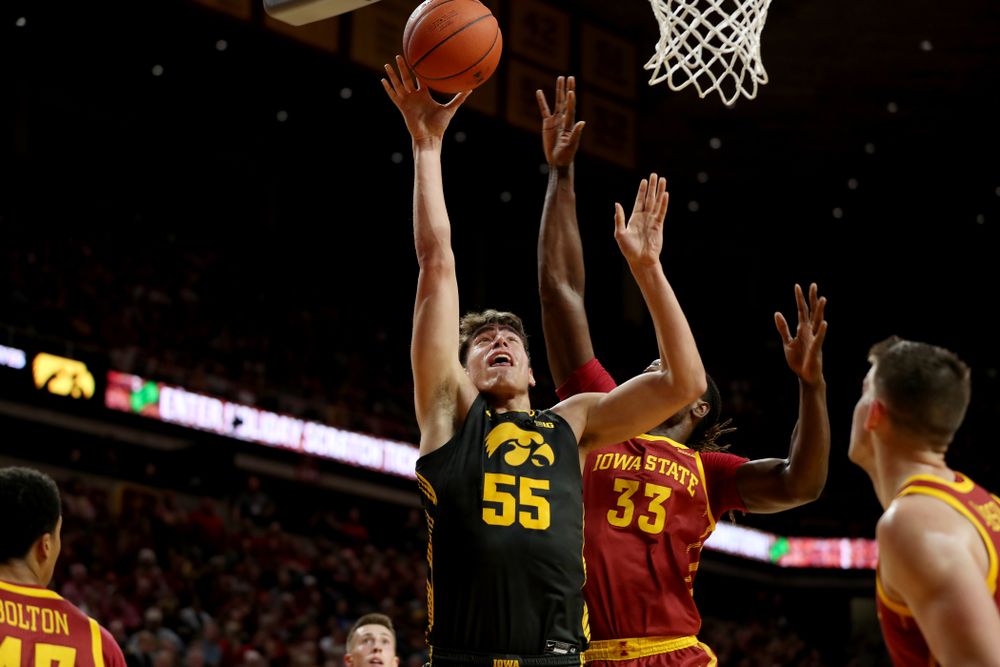 Iowa Hawkeyes forward Luka Garza (55) against the Iowa State Cyclones Thursday, December 12, 2019 at Hilton Coliseum in Ames, Iowa(Brian Ray/hawkeyesports.com)