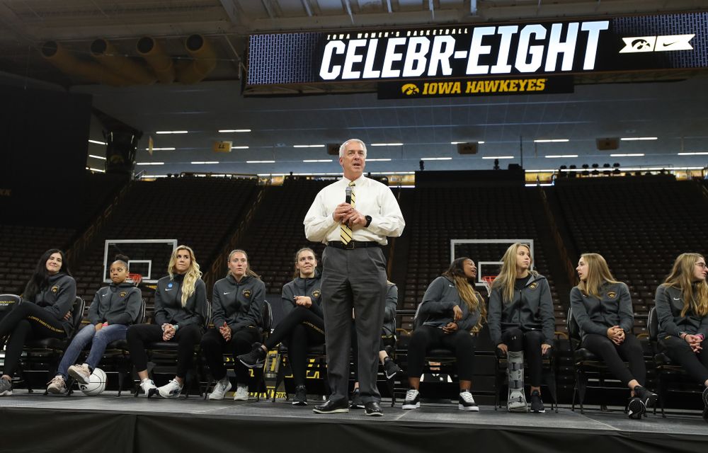 Henry B. and Patricia B. Tippie Director of Athletics Chair announces that the jersey of Iowa Hawkeyes forward Megan Gustafson (10) will be retired at a ceremony next season during the teamÕs Celebr-Eight event Wednesday, April 24, 2019 at Carver-Hawkeye Arena. (Brian Ray/hawkeyesports.com)