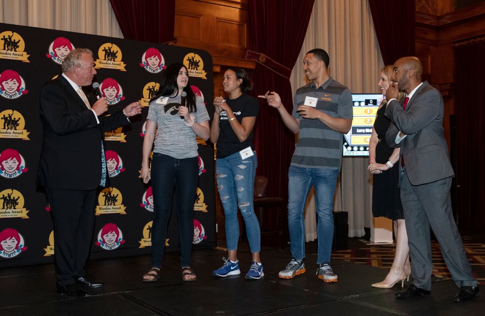 Iowa Hawkeyes forward Megan Gustafson (10) plays family feud with the other Wooden Award finalists during the Wooden Award DukeÕs Dinner Thursday, April 11, 2019 at the LA Athletic Club. (Brian Ray/hawkeyesports.com)