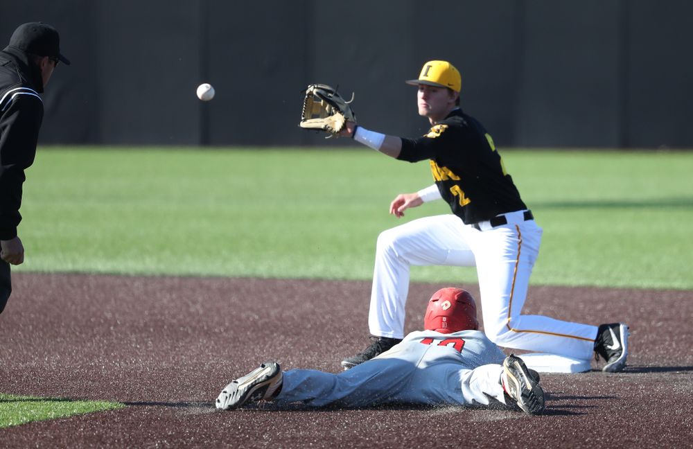 Iowa Hawkeyes infielder Brendan Sher (2) against the Bradley Braves Tuesday, March 26, 2019 at Duane Banks Field. (Brian Ray/hawkeyesports.com)