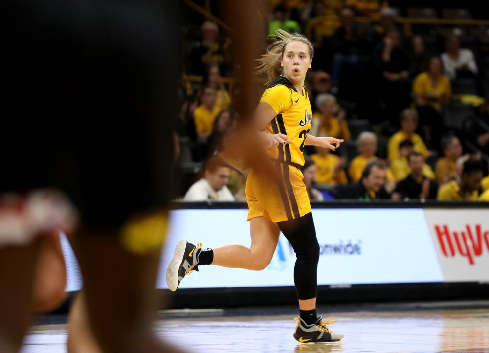 Iowa Hawkeyes guard Kathleen Doyle (22) celebrates a three point basket against the Maryland Terrapins Thursday, January 9, 2020 at Carver-Hawkeye Arena. (Brian Ray/hawkeyesports.com)
