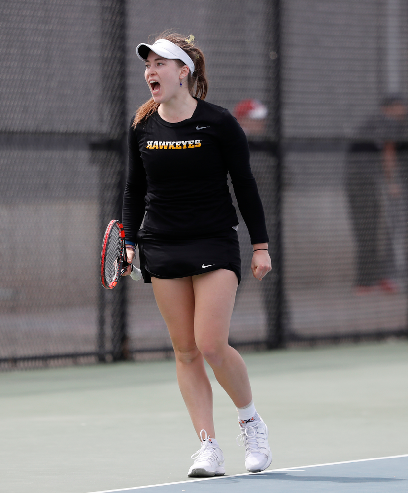 Iowa's Anastasia Reimchen against the Wisconsin Badgers Sunday, April 22, 2018 at the Hawkeye Tennis and Recreation Center. (Brian Ray/hawkeyesports.com)