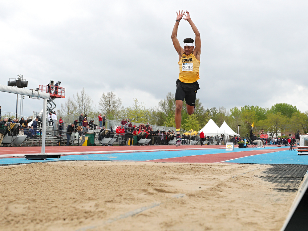 Iowa's James Carter jumps in the men’s triple jump event on the third day of the Big Ten Outdoor Track and Field Championships at Francis X. Cretzmeyer Track in Iowa City on Sunday, May. 12, 2019. (Stephen Mally/hawkeyesports.com)