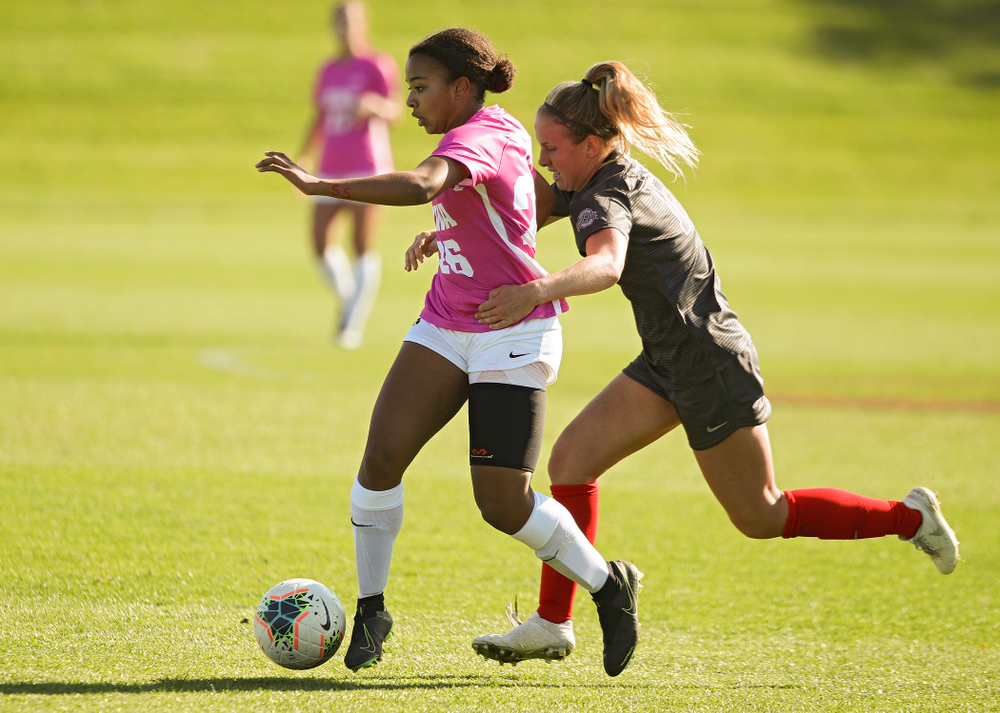 Iowa midfielder/forward Melina Hegelheimer (26) moves with the ball during the second half of their match at the Iowa Soccer Complex in Iowa City on Sunday, Oct 27, 2019. (Stephen Mally/hawkeyesports.com)