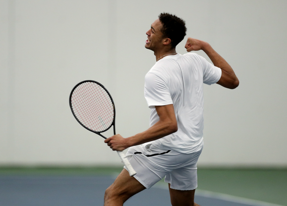 Iowa’s Oliver Okonkwo against Cornell Sunday, March 8, 2020 at the Hawkeye Tennis and Recreation Center. (Brian Ray/hawkeyesports.com)
