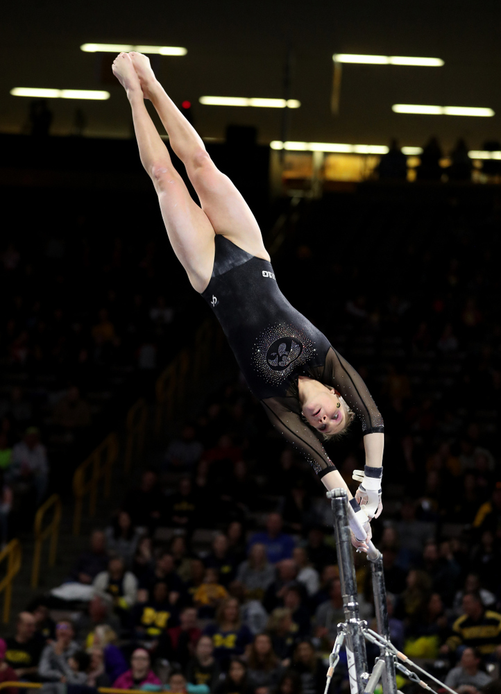 Iowa’s Allyson Steffensmeier competes on the bars against Michigan Friday, February 14, 2020 at Carver-Hawkeye Arena. (Brian Ray/hawkeyesports.com)