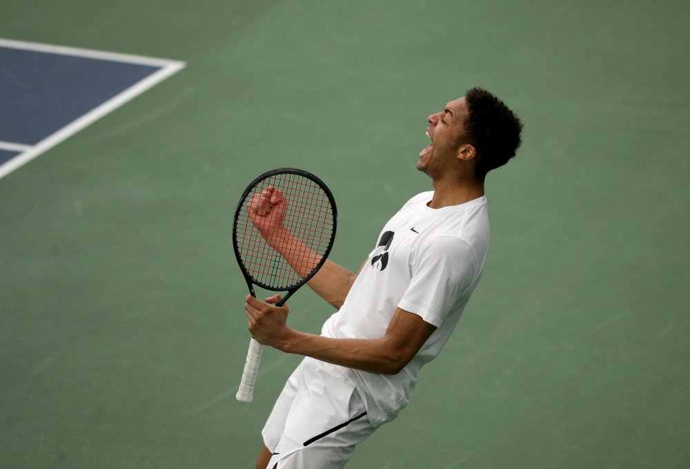 Iowa’s Oliver Okonkwo against Cornell Sunday, March 8, 2020 at the Hawkeye Tennis and Recreation Center. (Brian Ray/hawkeyesports.com)