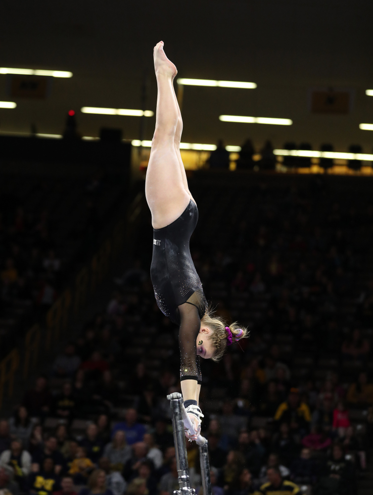 Iowa’s Allyson Steffensmeier competes on the bars against Michigan Friday, February 14, 2020 at Carver-Hawkeye Arena. (Brian Ray/hawkeyesports.com)