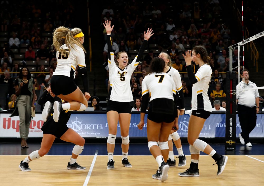 Iowa Hawkeyes outside hitter Meghan Buzzerio (5) against the Michigan Wolverines Sunday, September 23, 2018 at Carver-Hawkeye Arena. (Brian Ray/hawkeyesports.com)