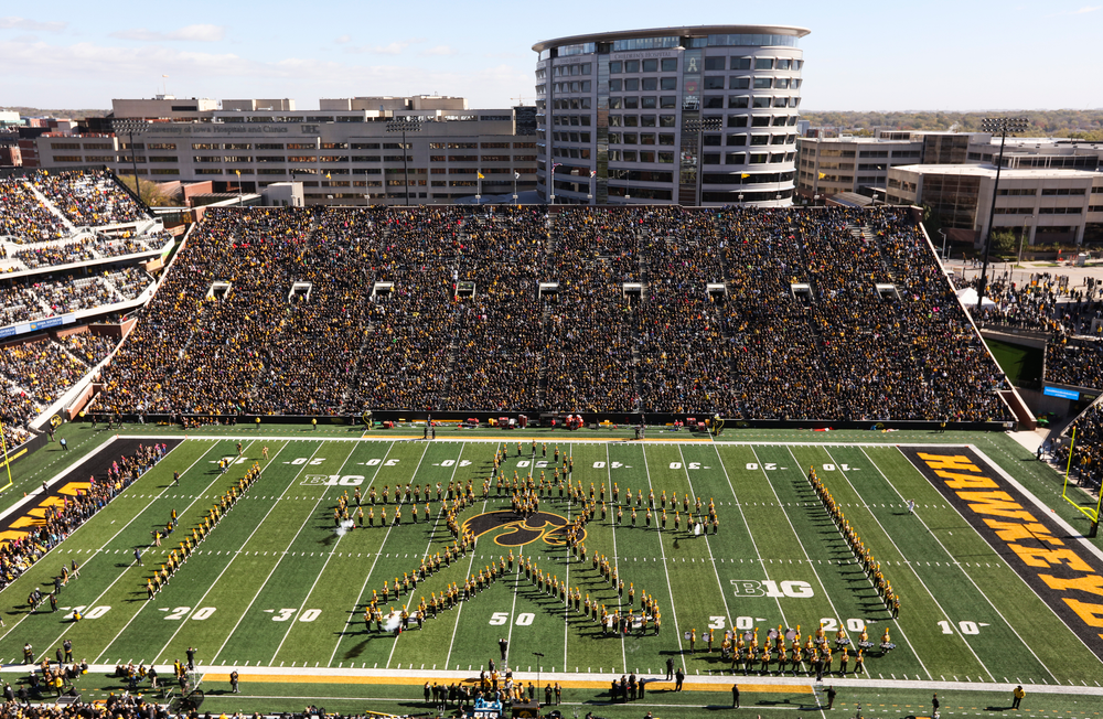 The Iowa Hawkeye Marching Band performs at halftime during a game against Maryland at Kinnick Stadium on October 20, 2018. (Tork Mason/hawkeyesports.com)