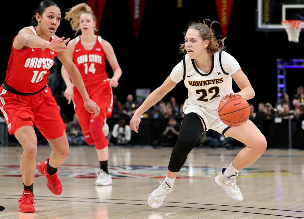 Iowa Hawkeyes guard Kathleen Doyle (22) against Ohio State in the quarterfinals of the Big Ten Basketball Tournament Friday, March 6, 2020 at Bankers Life Fieldhouse in Indianapolis. (Brian Ray/hawkeyesports.com)