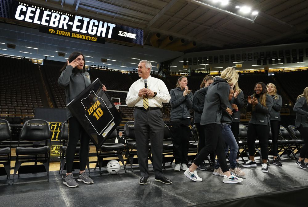 Henry B. and Patricia B. Tippie Director of Athletics Chair announces that the jersey of Iowa Hawkeyes forward Megan Gustafson (10) will be retired at a ceremony next season during the teamÕs Celebr-Eight event Wednesday, April 24, 2019 at Carver-Hawkeye Arena. (Brian Ray/hawkeyesports.com)