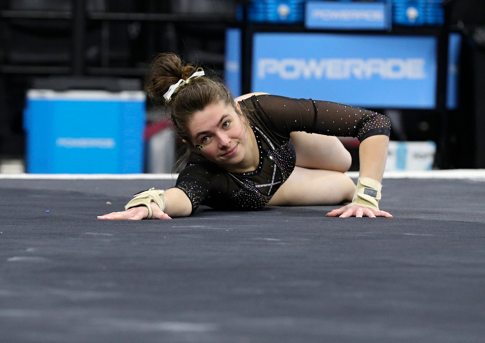 Iowa’s Bridget Killian competes on the floor during their meet at Carver-Hawkeye Arena in Iowa City on Sunday, March 8, 2020. (Stephen Mally/hawkeyesports.com)