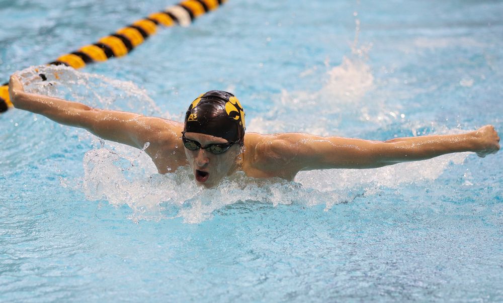 Iowa's Jackson Kuhlers competes in the 200-yard butterfly during the third day of the Hawkeye Invitational at the Campus Recreation and Wellness Center on November 17, 2018. (Tork Mason/hawkeyesports.com)