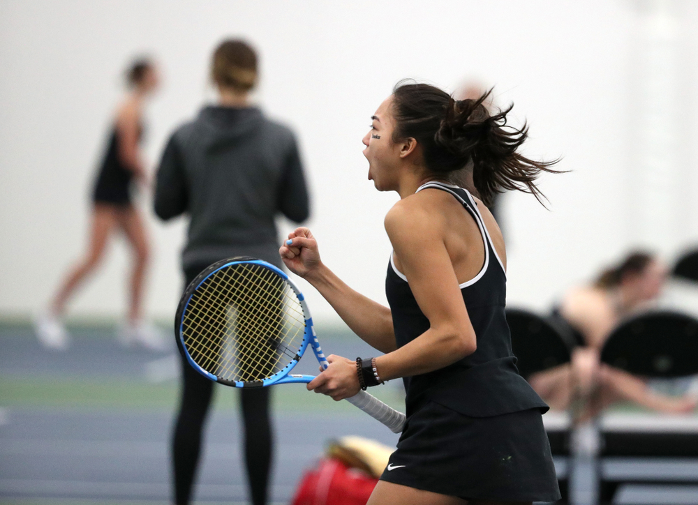 Iowa's Michelle Bacalla and Cloe Ruettte play a doubles match against the Penn State Nittany Lions Sunday, February 24, 2019 at the Hawkeye Tennis and Recreation Complex. (Brian Ray/hawkeyesports.com)