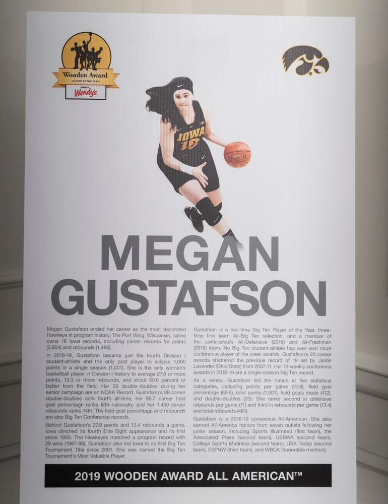 Iowa Hawkeyes forward Megan Gustafson (10) during the Wooden Award DukeÕs Dinner Thursday, April 11, 2019 at the LA Athletic Club. (Brian Ray/hawkeyesports.com)