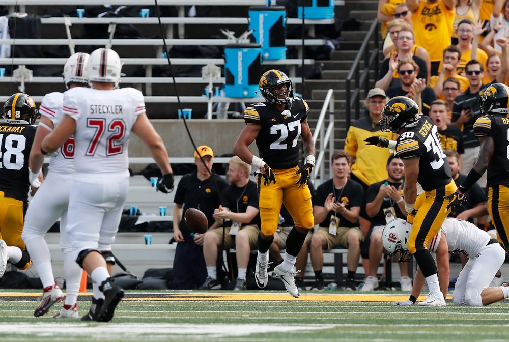 Iowa Hawkeyes defensive back Amani Hooker (27) interceptss a pass against the Northern Illinois Huskies Saturday, September 1, 2018 at Kinnick Stadium. (Brian Ray/hawkeyesports.com)