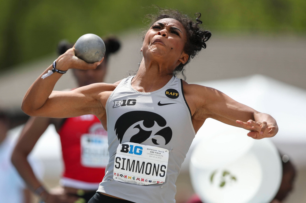 Iowa's Tria Simmons during the women's shot put at the Big Ten Outdoor Track and Field Championships at Francis X. Cretzmeyer Track on Friday, May 10, 2019. (Lily Smith/hawkeyesports.com)