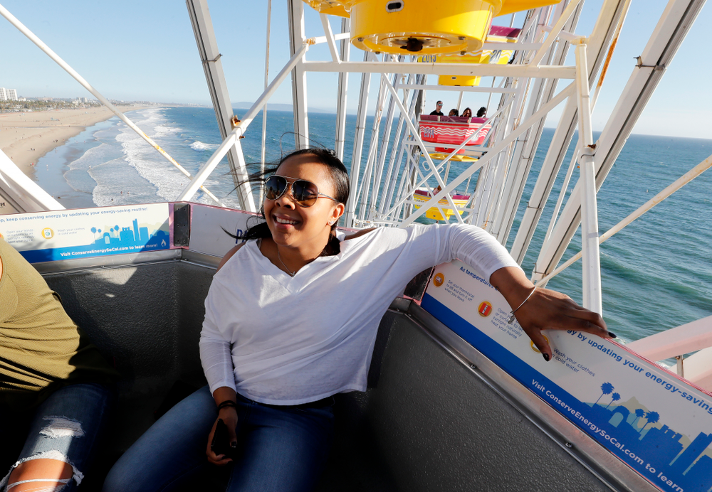 Iowa Hawkeyes guard Alexis Sevillian (5) and guard Tania Davis (11) ride the ferris wheel in Pacific Park on the Santa Monica Pier Thursday, March 15, 2018 in Santa Monica. (Brian Ray/hawkeyesports.com)