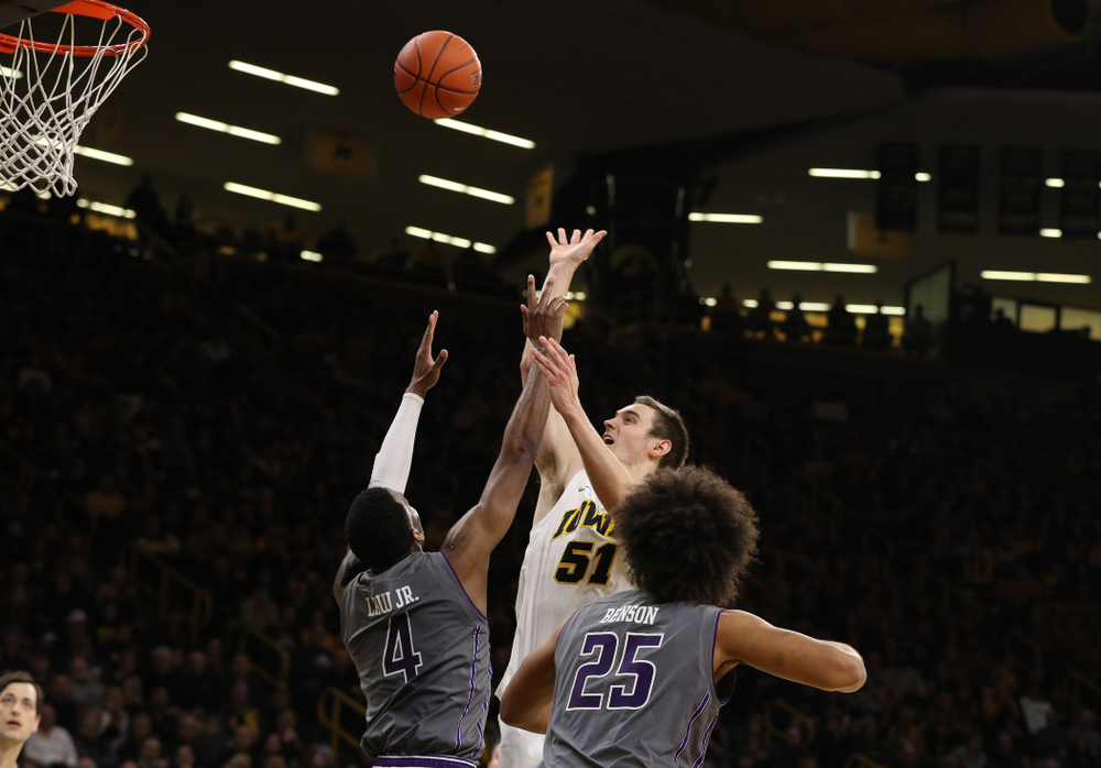 Iowa Hawkeyes forward Nicholas Baer (51) against the Northwestern Wildcats Sunday, February 10, 2019 at Carver-Hawkeye Arena. (Brian Ray/hawkeyesports.com)