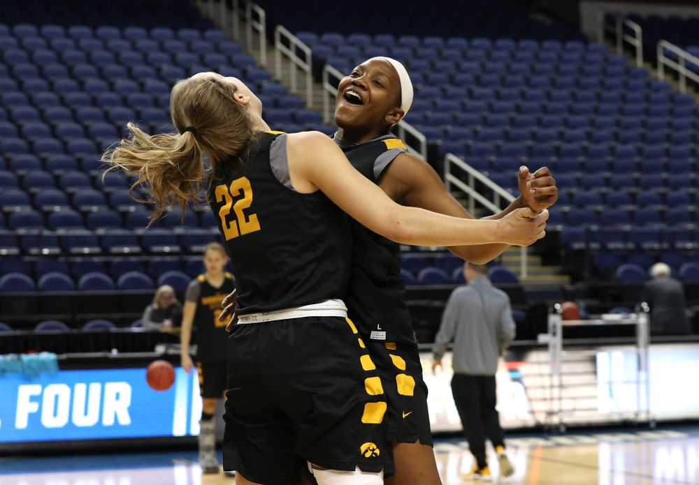 Iowa Hawkeyes guard Kathleen Doyle (22) and guard Zion Sanders (24) during media and practice as they prepare for their Sweet 16 matchup against NC State Friday, March 29, 2019 at the Greensboro Coliseum in Greensboro, NC.(Brian Ray/hawkeyesports.com)