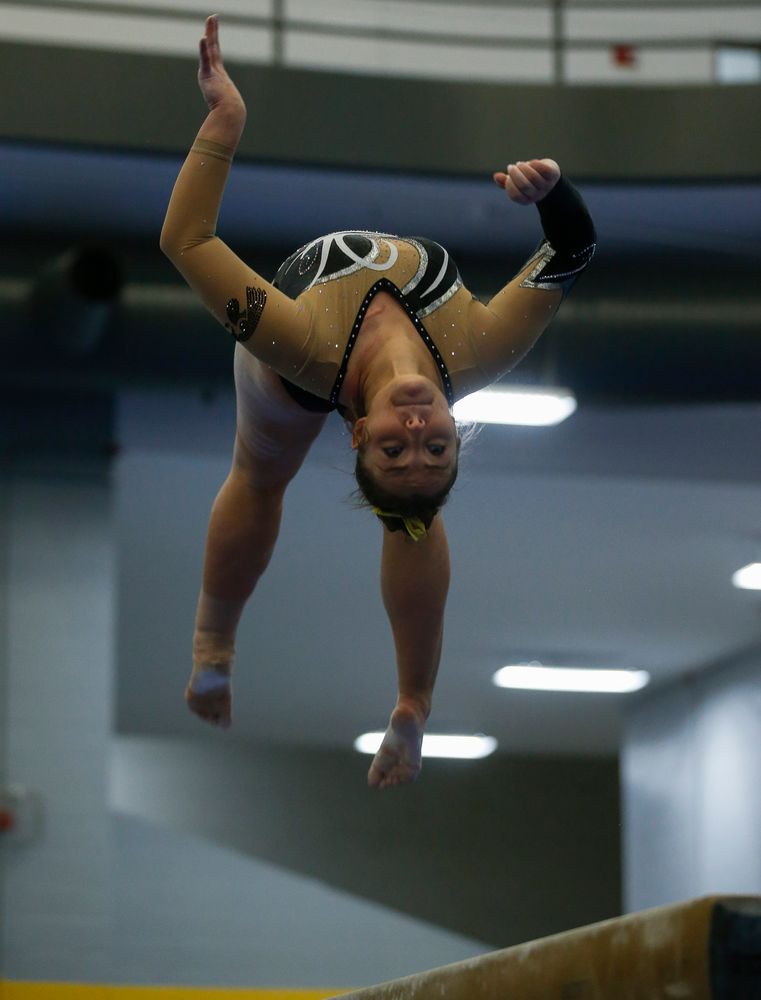 Breanna Fitzke competes on the balance beam during the Black and Gold Intrasquad meet at the Field House on 12/2/17. (Tork Mason/hawkeyesports.com)
