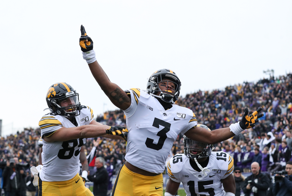 Iowa Hawkeyes wide receiver Tyrone Tracy Jr. (3) celebrates a touchdown against the Northwestern Wildcats Saturday, October 26, 2019 at Ryan Field in Evanston, Ill. (Brian Ray/hawkeyesports.com)