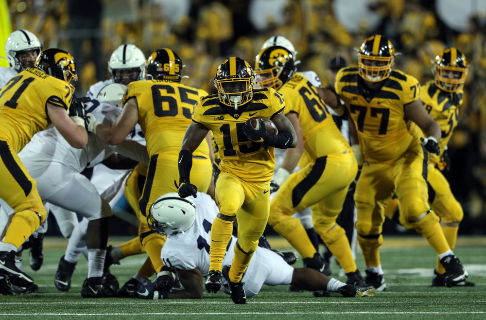 Iowa Hawkeyes running back Tyler Goodson (15) against the Penn State Nittany Lions Saturday, October 12, 2019 at Kinnick Stadium. (Brian Ray/hawkeyesports.com)