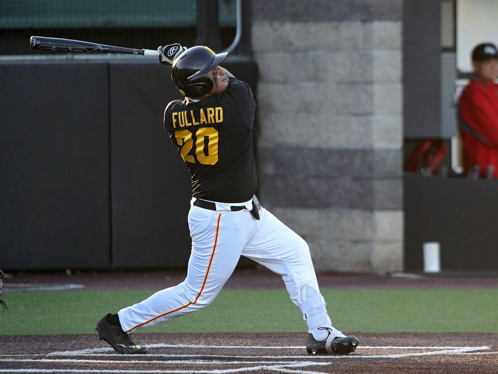 Iowa infielder Izaya Fullard (20) hits a triple during the third inning of their game at Duane Banks Field in Iowa City on Tuesday, March 3, 2020. (Stephen Mally/hawkeyesports.com)