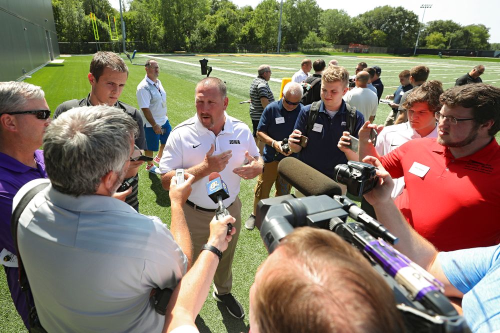 Iowa Hawkeyes offensive line coach Tim Polasek answers questions during Iowa Football Media Day at the Hansen Football Performance Center in Iowa City on Friday, Aug 9, 2019. (Stephen Mally/hawkeyesports.com)