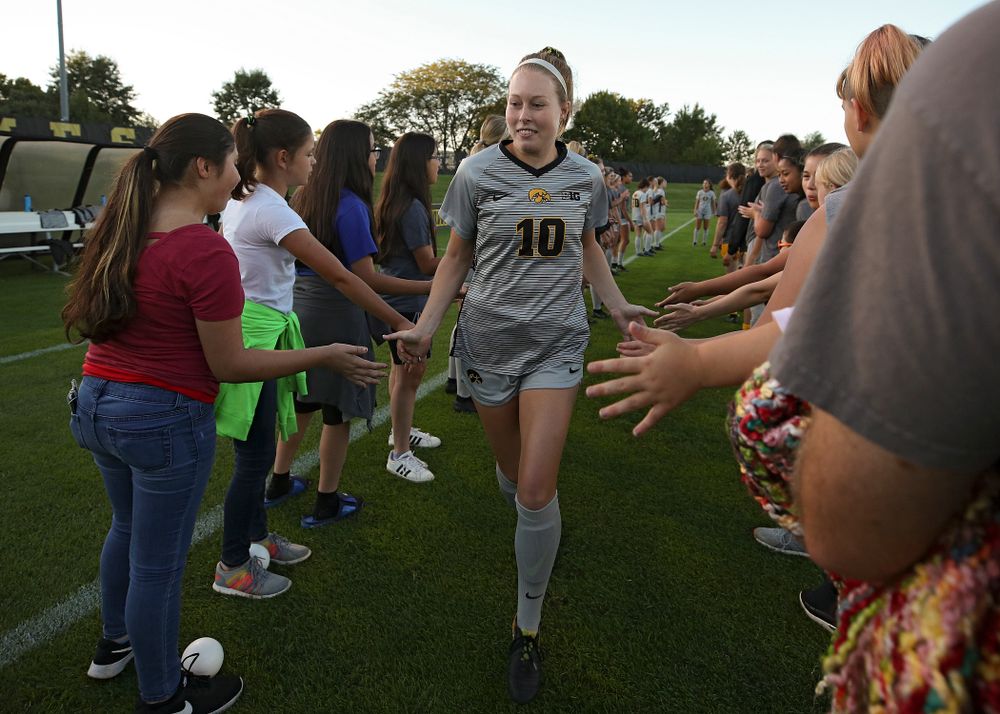 Iowa midfielder/defender Natalie Winters (10) is introduced before their match at the Iowa Soccer Complex in Iowa City on Friday, Sep 13, 2019. (Stephen Mally/hawkeyesports.com)