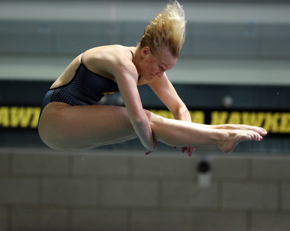 IowaÕs Thelma Strandberg competes on the 1-meter springboard against the Michigan Wolverines Friday, November 1, 2019 at the Campus Recreation and Wellness Center. (Brian Ray/hawkeyesports.com)