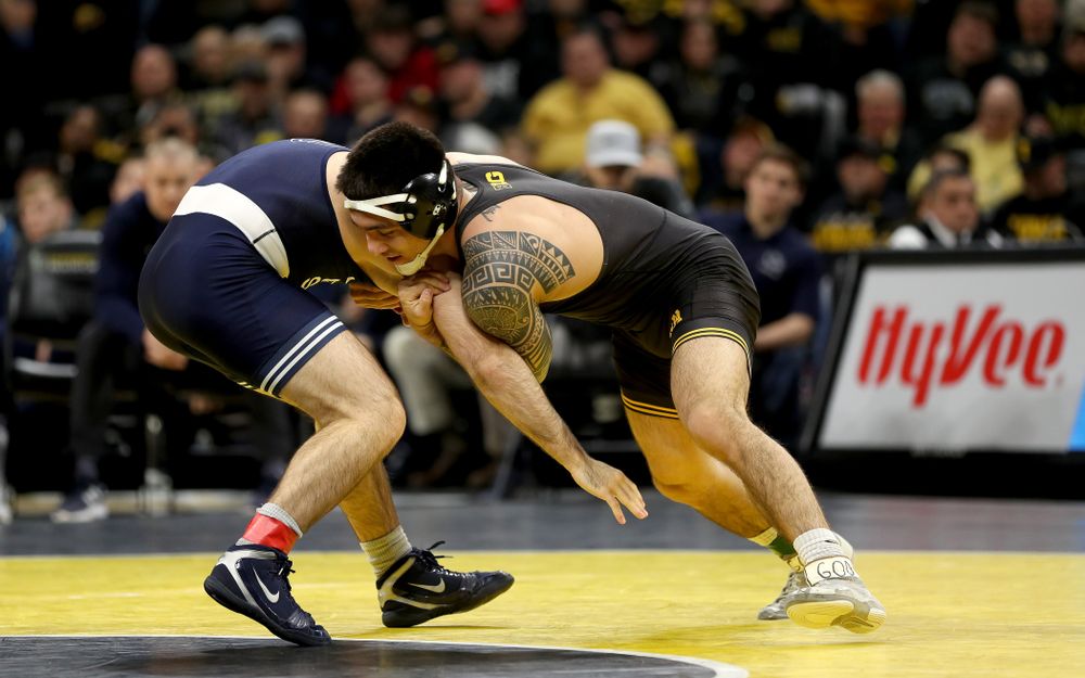 Iowa’s Pat Lugo wrestles Penn State’s Jarod Verkleeren at 149 pounds Friday, January 31, 2020 at Carver-Hawkeye Arena. Lugo defeated Verkleeren 6-1. (Brian Ray/hawkeyesports.com)