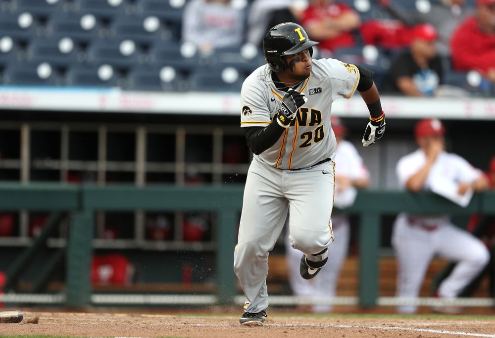 Iowa Hawkeyes Izaya Fullard (20) drives in a run against the Indiana Hoosiers in the first round of the Big Ten Baseball Tournament Wednesday, May 22, 2019 at TD Ameritrade Park in Omaha, Neb. (Brian Ray/hawkeyesports.com)