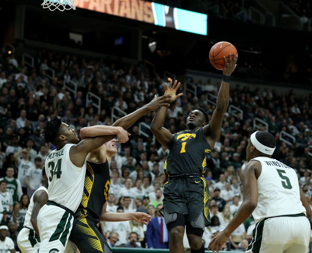 Iowa Hawkeyes guard Joe Toussaint (1) against Michigan State Tuesday, February 25, 2020 at the Breslin Center in East Lansing, MI. (Brian Ray/hawkeyesports.com)