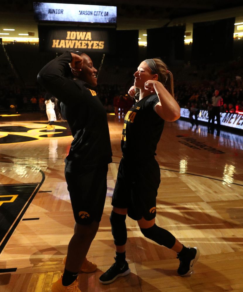 Iowa Hawkeyes guard Makenzie Meyer (3) and guard Alexis Sevillian (5) against the Iowa State Cyclones in the Iowa Corn Cy-Hawk Series Wednesday, December 5, 2018 at Carver-Hawkeye Arena. (Brian Ray/hawkeyesports.com)