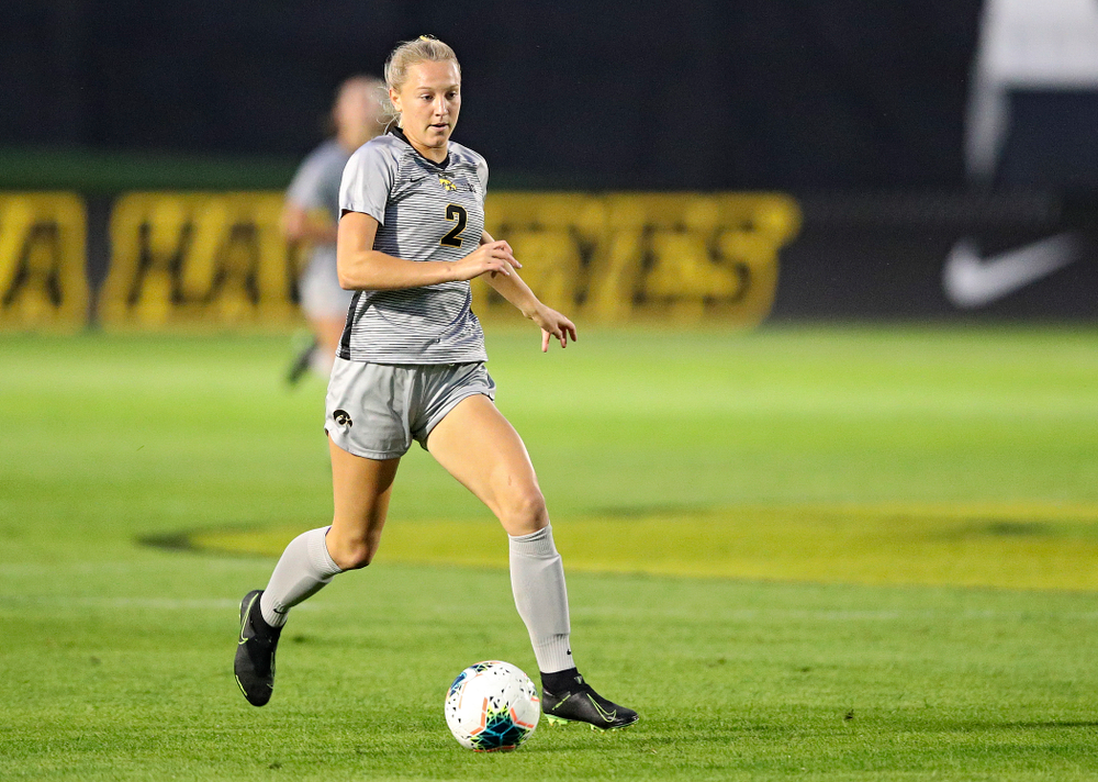 Iowa midfielder Hailey Rydberg (2) moves with the ball during the first half of their match at the Iowa Soccer Complex in Iowa City on Friday, Sep 13, 2019. (Stephen Mally/hawkeyesports.com)