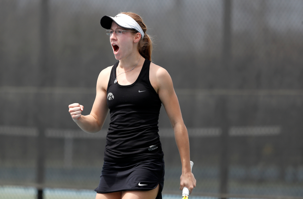 Iowa's Montana Crawford against the Wisconsin Badgers Sunday, April 22, 2018 at the Hawkeye Tennis and Recreation Center. (Brian Ray/hawkeyesports.com)