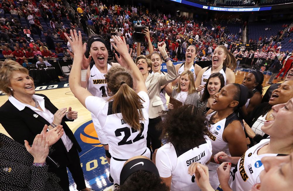 Iowa Hawkeyes forward Megan Gustafson (10) and guard Kathleen Doyle (22) against the NC State Wolfpack in the regional semi-final of the 2019 NCAA Women's College Basketball Tournament Saturday, March 30, 2019 at Greensboro Coliseum in Greensboro, NC.(Brian Ray/hawkeyesports.com)