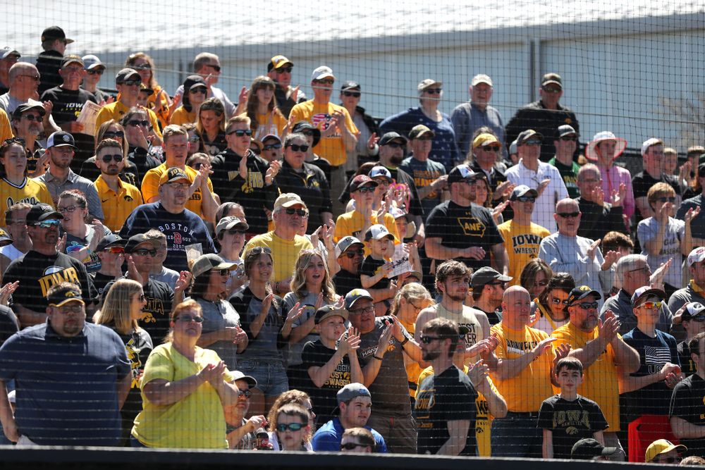 Fans cheer on the Iowa Hawkeyes against the Nebraska Cornhuskers Saturday, April 20, 2019 at Duane Banks Field. (Brian Ray/hawkeyesports.com)