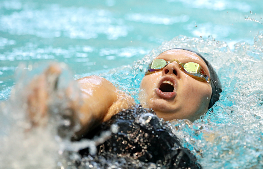 Iowa’s Julia Koluch swims in the women’s 200 yard backstroke preliminary event during the 2020 Women’s Big Ten Swimming and Diving Championships at the Campus Recreation and Wellness Center in Iowa City on Saturday, February 22, 2020. (Stephen Mally/hawkeyesports.com)