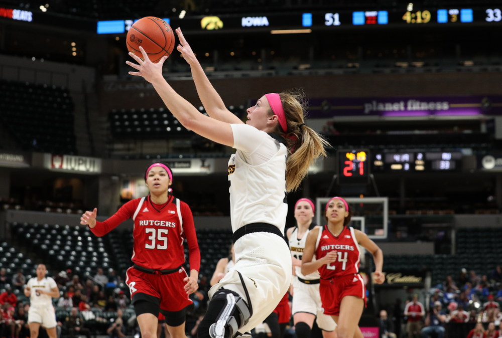 Iowa Hawkeyes guard Makenzie Meyer (3) against the Rutgers Scarlet Knights in the semi-finals of the Big Ten Tournament Saturday, March 9, 2019 at Bankers Life Fieldhouse in Indianapolis, Ind. (Brian Ray/hawkeyesports.com)