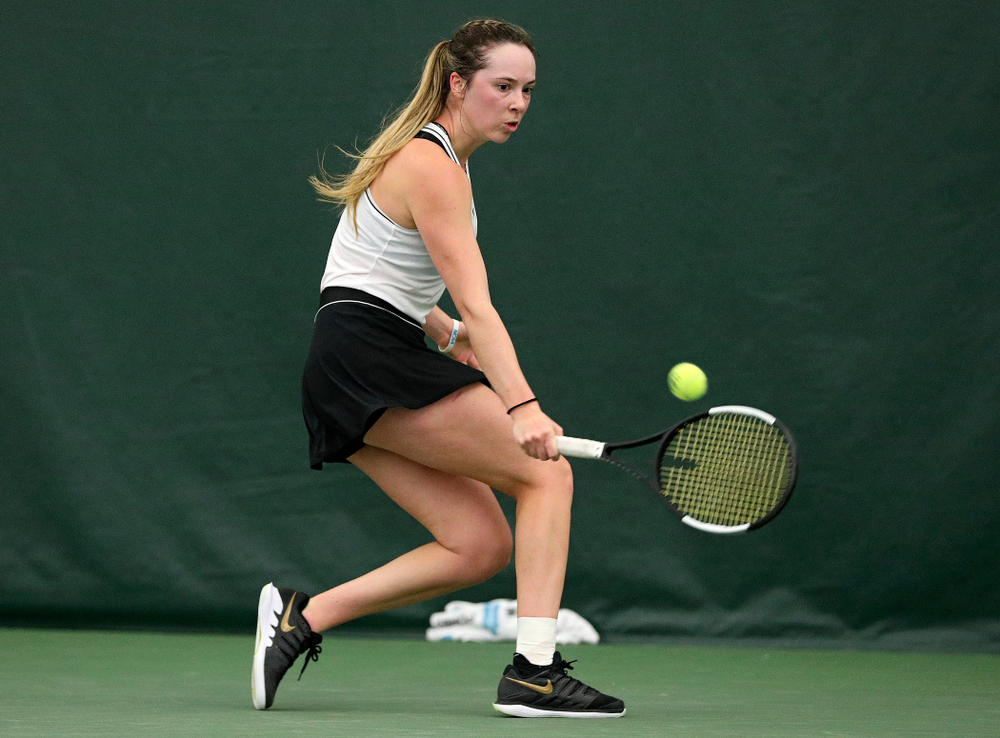 Iowa’s Samantha Mannix during her singles match at the Hawkeye Tennis and Recreation Complex in Iowa City on Sunday, February 16, 2020. (Stephen Mally/hawkeyesports.com)