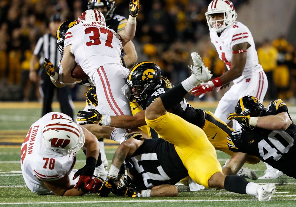 Iowa Hawkeyes linebacker Jack Hockaday (48) makes a tackle during a game against Wisconsin at Kinnick Stadium on September 22, 2018. (Tork Mason/hawkeyesports.com)