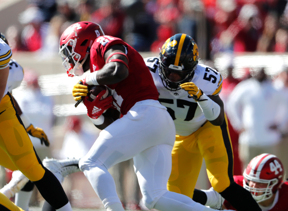 Iowa Hawkeyes defensive end Chauncey Golston (57) against the Indiana Hoosiers Saturday, October 13, 2018 at Memorial Stadium, in Bloomington, Ind. (Brian Ray/hawkeyesports.com)