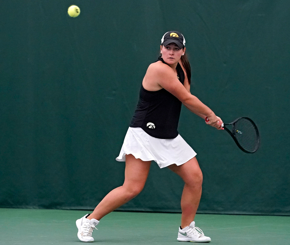 Iowa's Danielle Bauers during their doubles match against Indiana at the Hawkeye Tennis and Recreation Complex in Iowa City on Sunday, Mar. 31, 2019. (Stephen Mally/hawkeyesports.com)